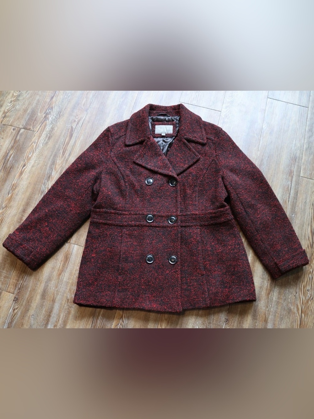Red Black Boucle Tweed Pea Coat Double Breasted Career Business Office Size XL